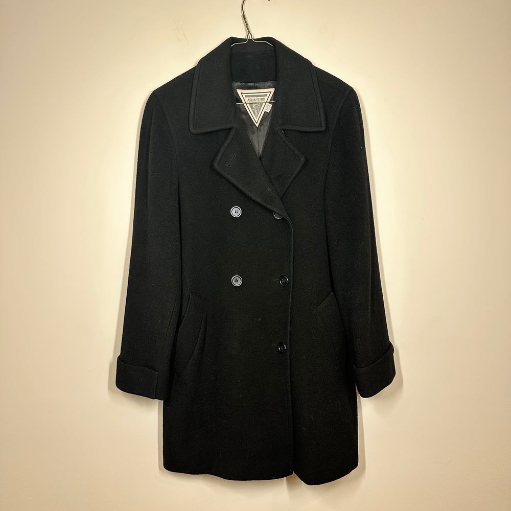 Marvin Richards Coat Women Medium Black Camel Hair Double Breasted Peacoat USA